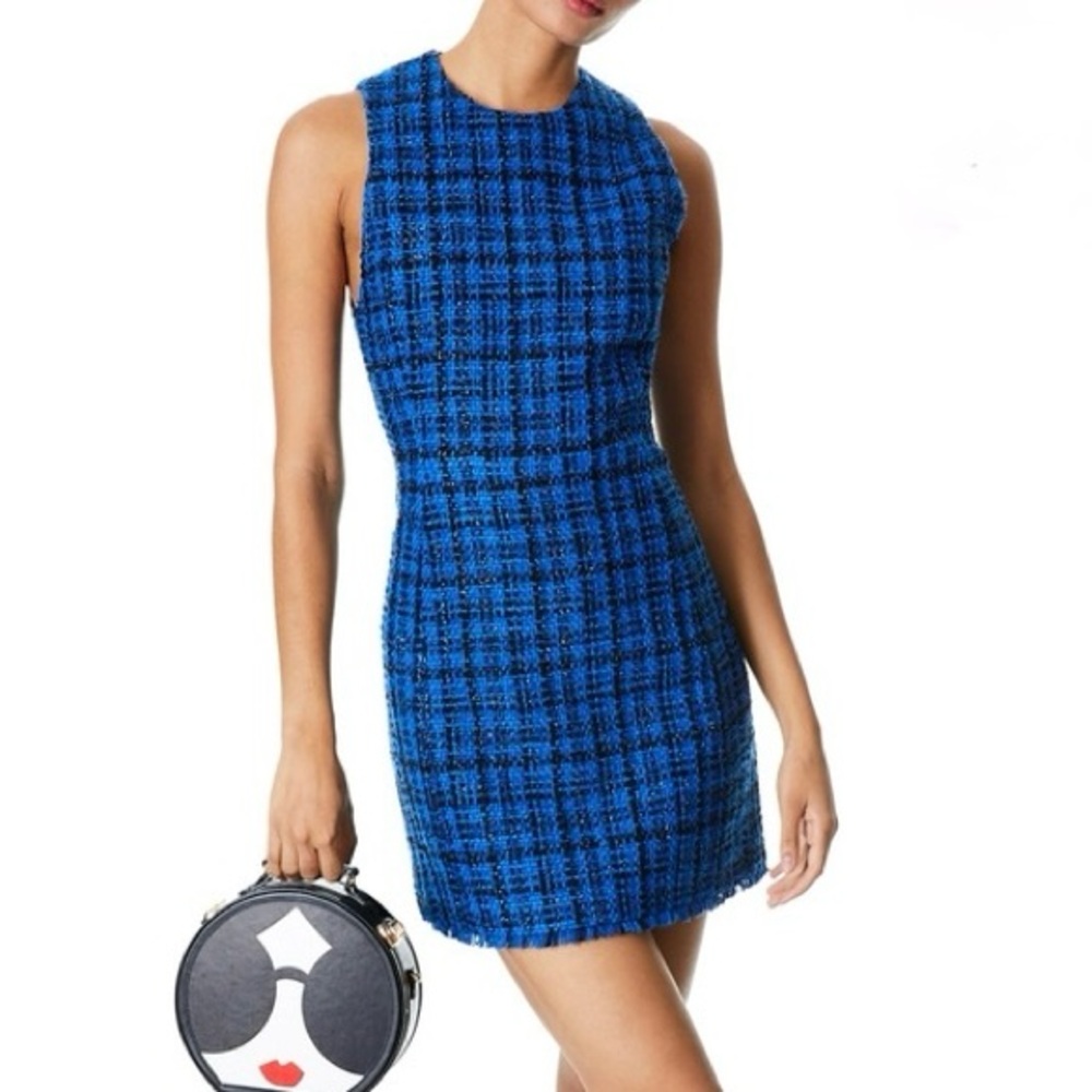 Alice and Olivia 💙 Clyde Metallic frayed shift Tweed Mini Sheath Dress Royalty